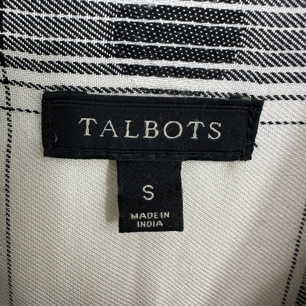 Talbots Plaid Button Down Shirt Top S Long Tunic Length Rayon Cream Black Dots - Picture 3 of 7
